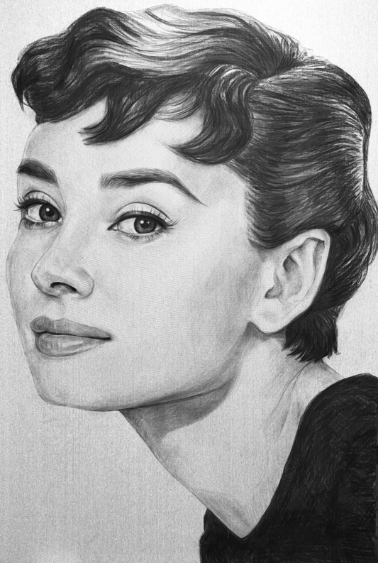 Charcoal sketch on Linen “Audrey H" by Christina Major 50 x 75