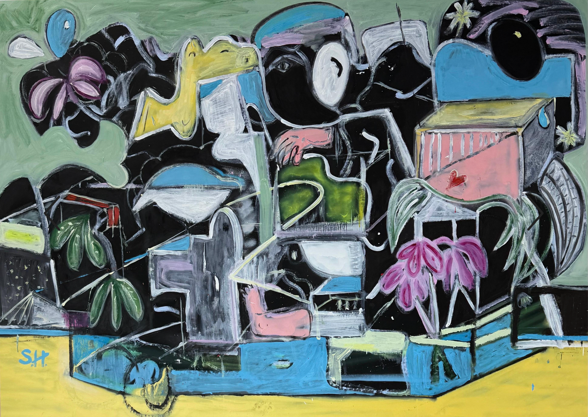 Mixed Media Painting titled “Fragments of a Neon Dream” 48 x 67