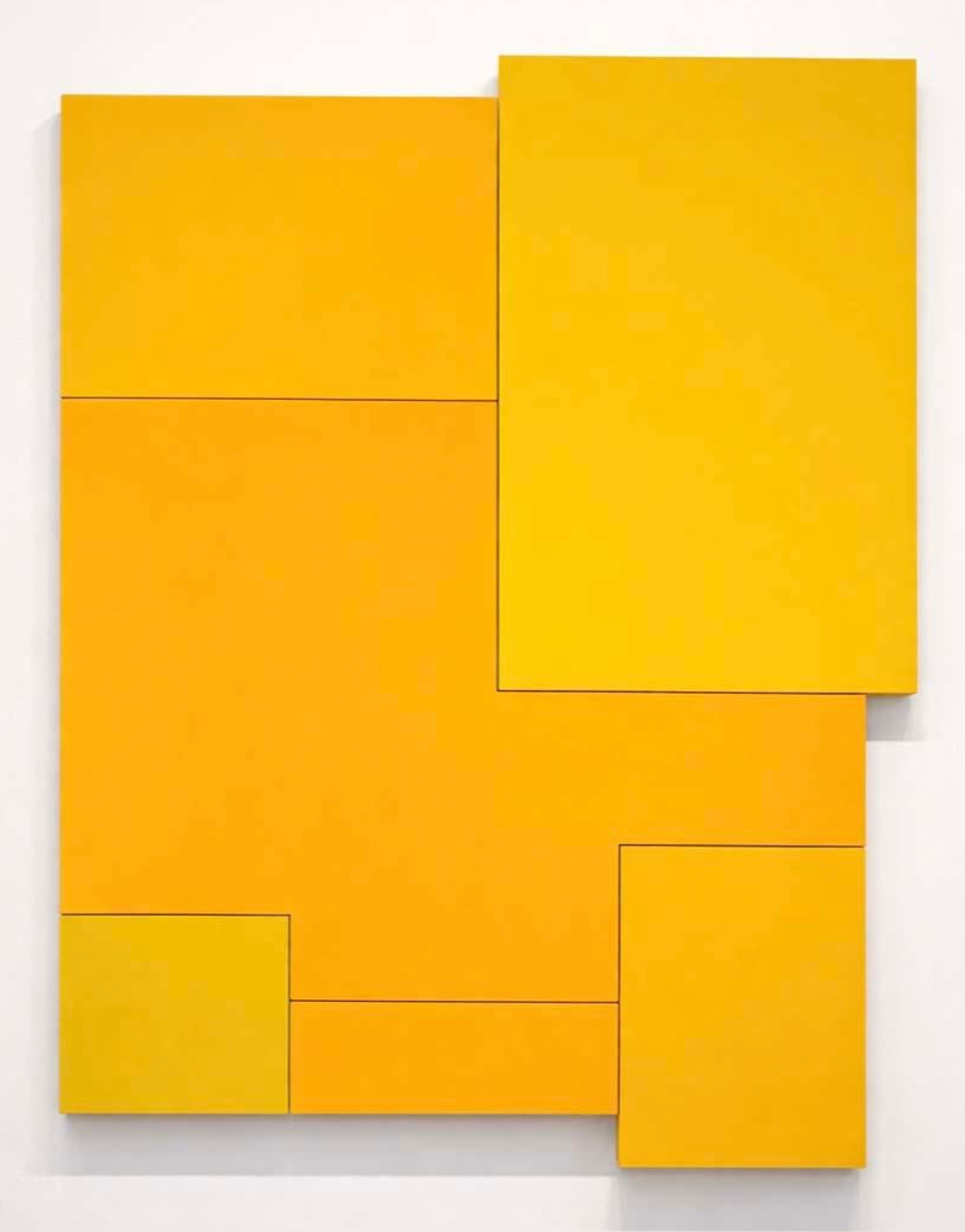 Acrylic on Wood Assemblage 38 x 50 Titled: “A.B.C.X" (multi Yellow)
